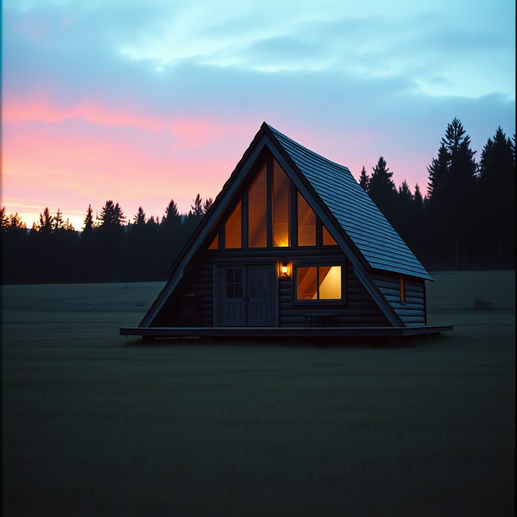 A-Frame Cabin in Field: Cinematic Film Still