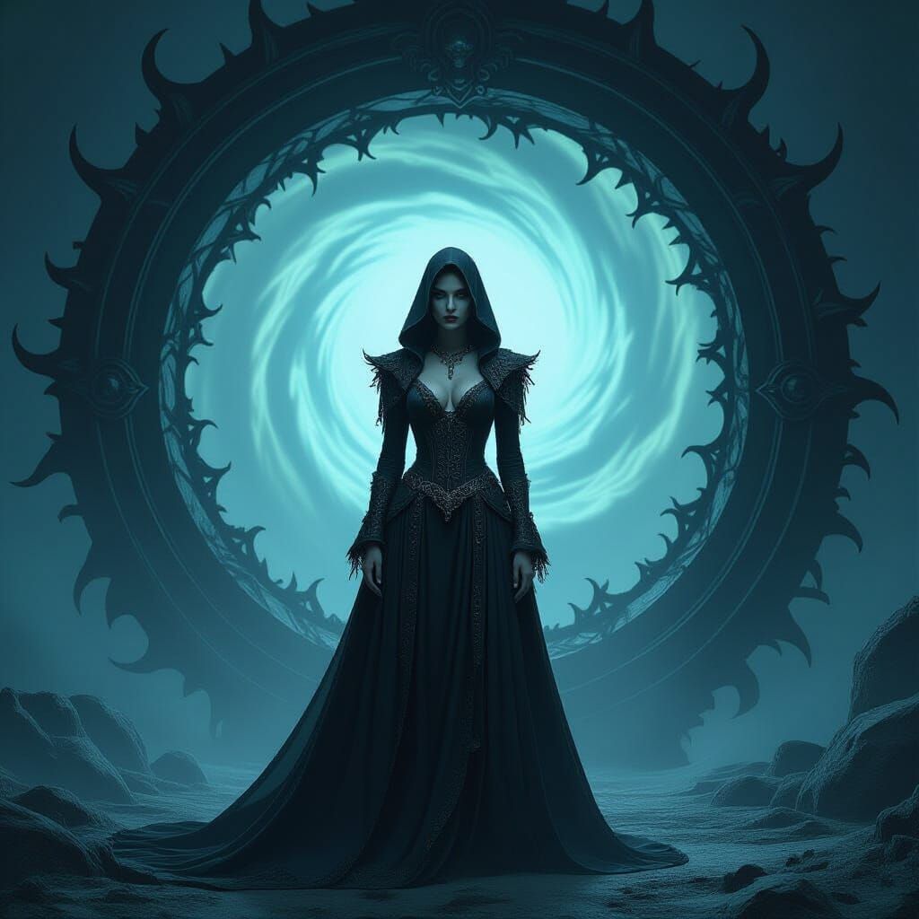 Mystical Woman at Demonic Portal, in Giger Style