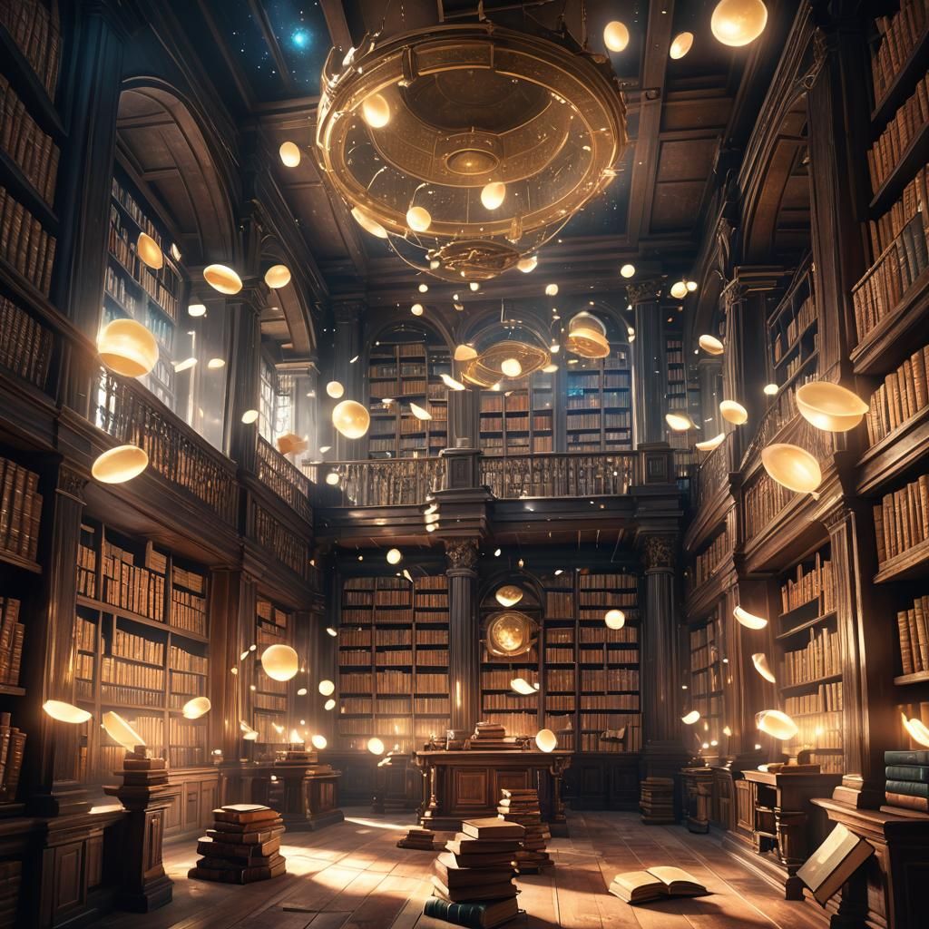 An old, vast library with books magically floating around. A...