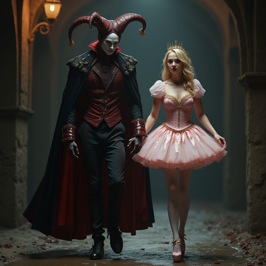 Jester and Princess in Dark Dungeon, Fantasy Art