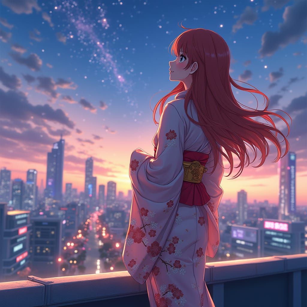 Anime Girl Under Meteor Shower in Neon Cityscape