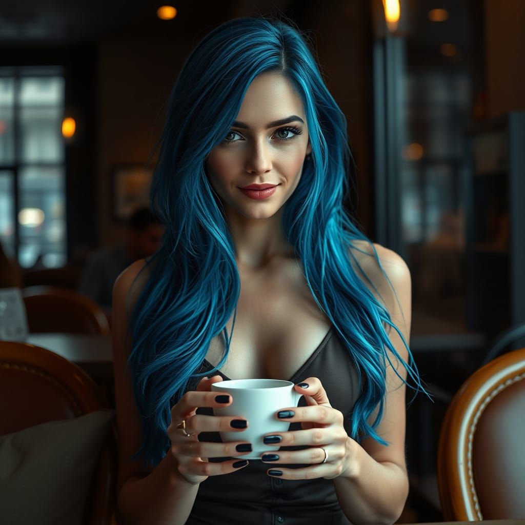 Enigmatic Coffee Shop Beauty in Hyperrealistic Style