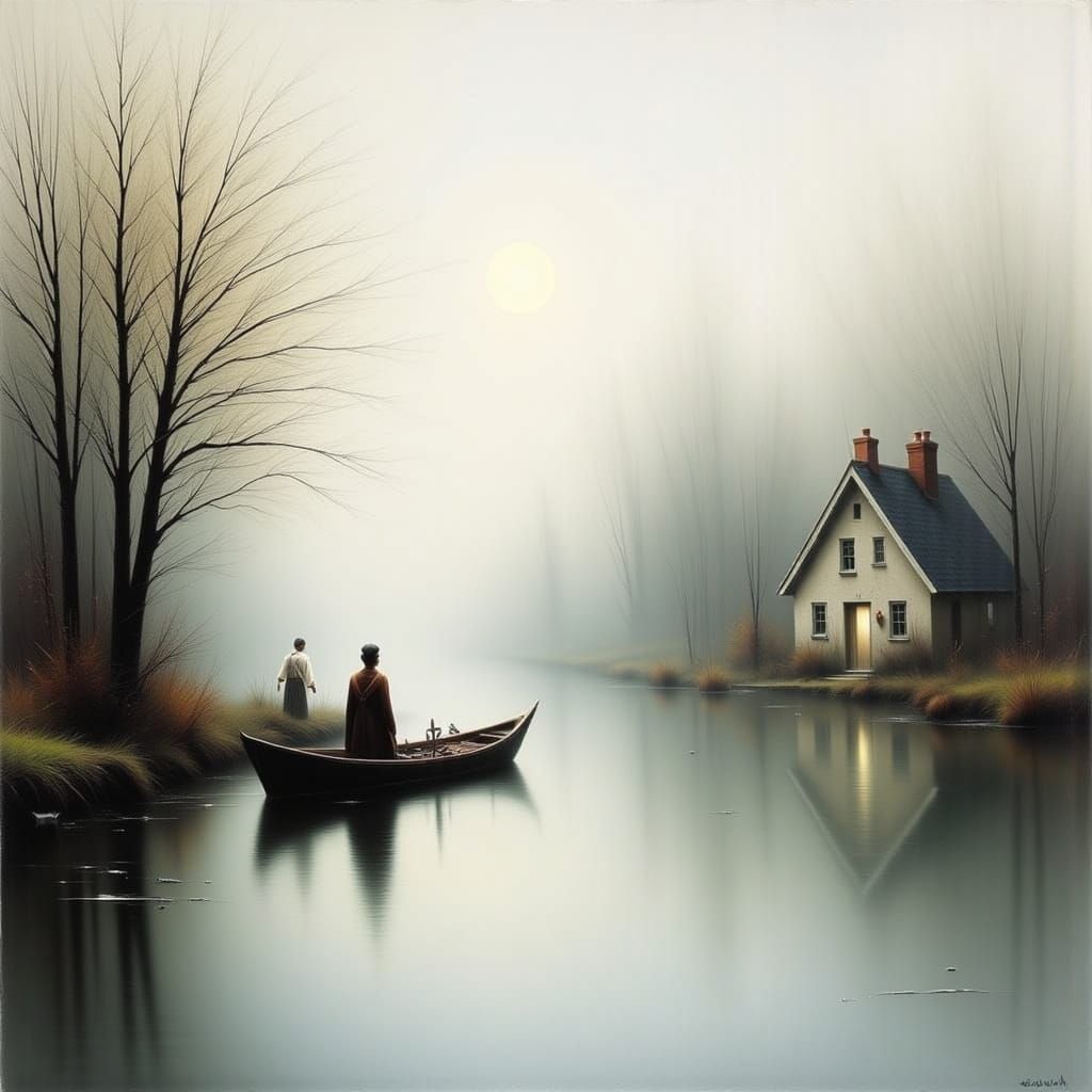 Misty River Life with Boat and House in Watercolor Style