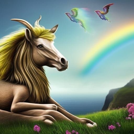 Mythical Pegasus with Rainbow Wings on Cliff