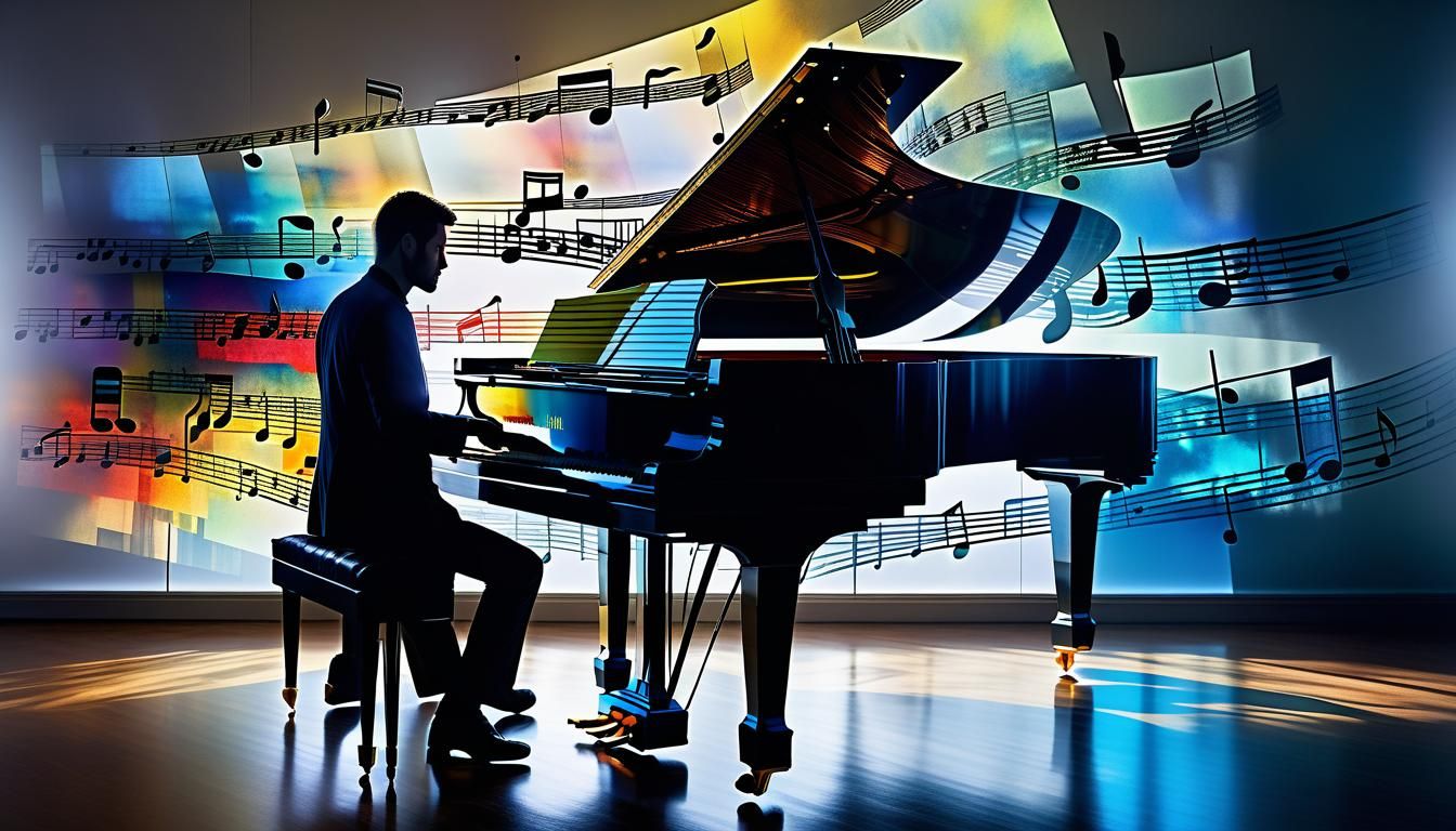 Double Exposure Piano Silhouette with Musical Notes