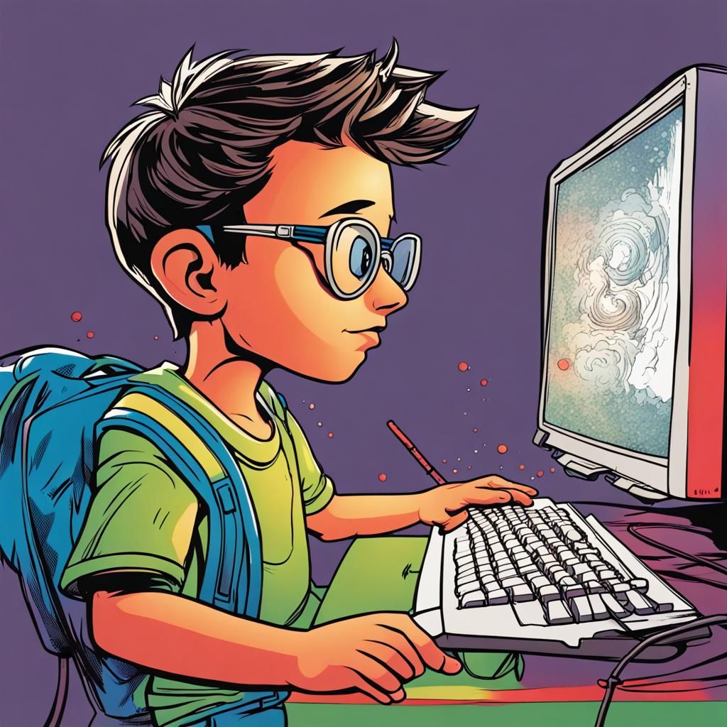 Child Programmer in Comic Book Style