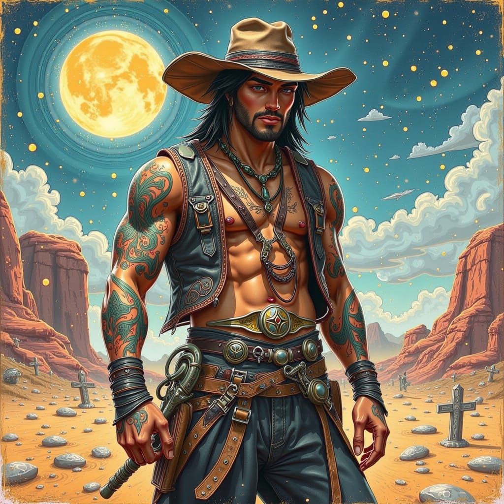 Cowboy with Dragon Tattoos in Desert Watercolor