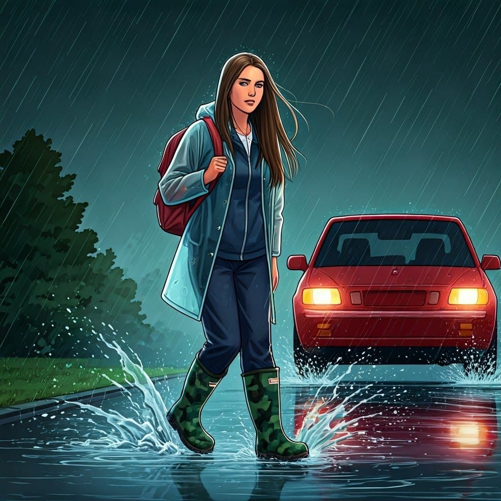 Girl Splashed by Car on Rainy Walk Home