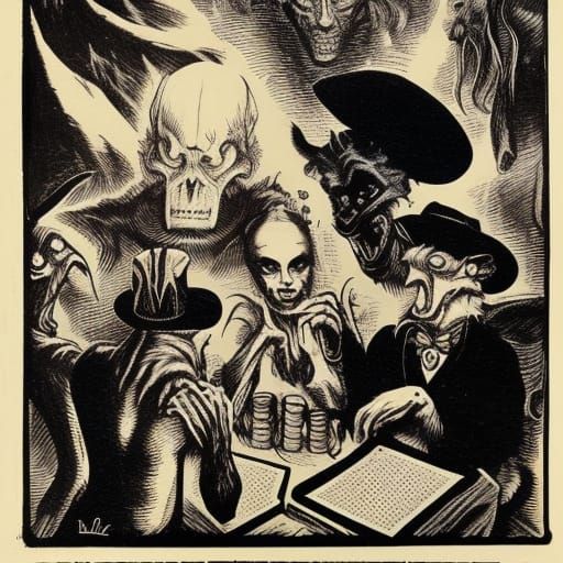 Gun Moll and Monsters Play Cards, Woodcut Style