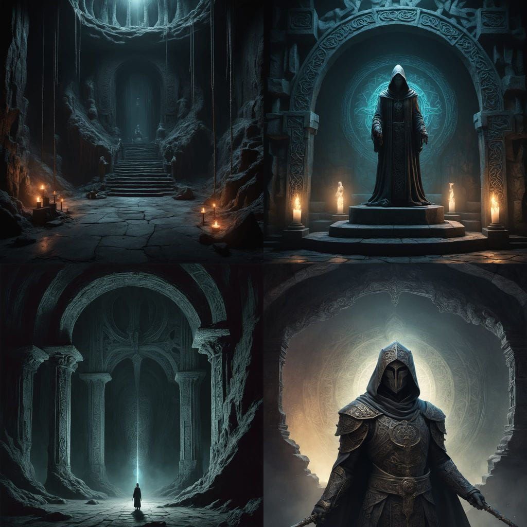 Gothic Concept Art of a Mysterious Statue in a Dimly Lit Cav...