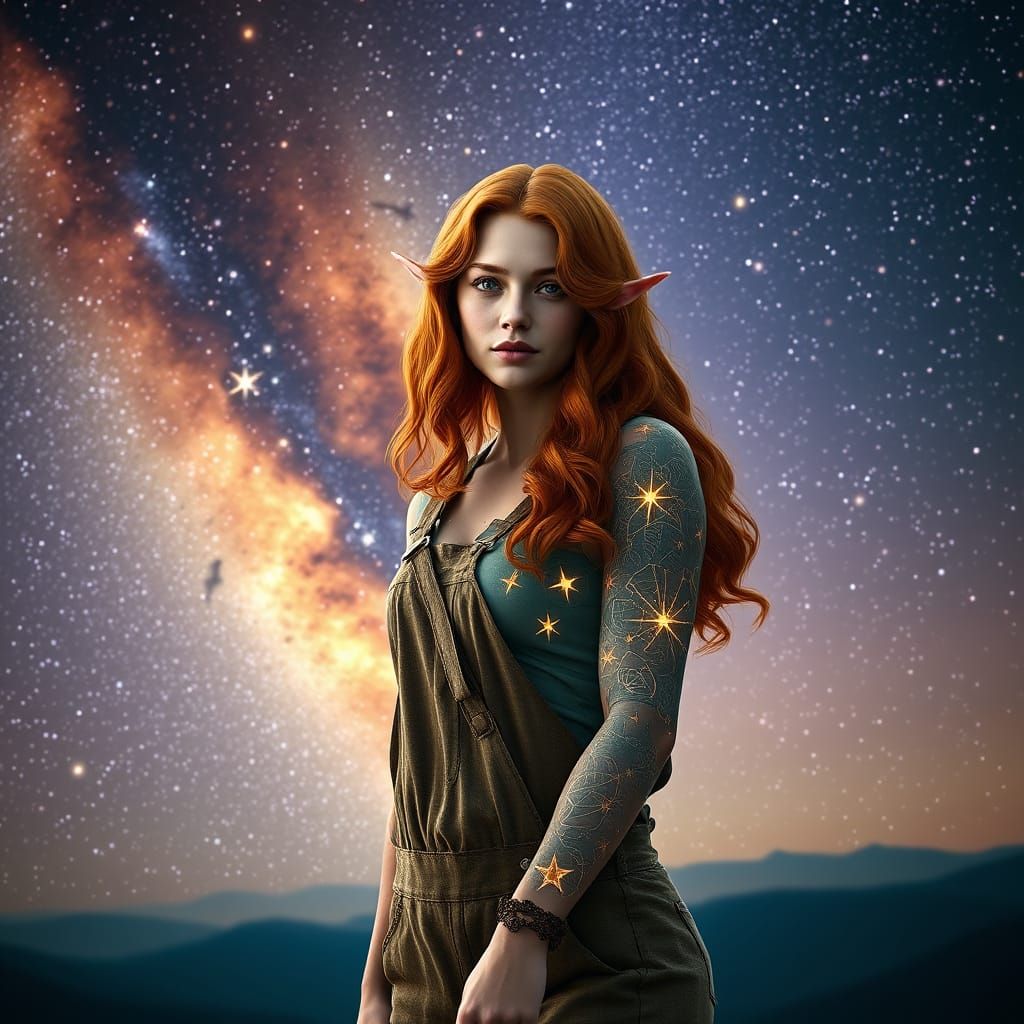 Majestic Half-Elf Druid Under Starry Night Sky