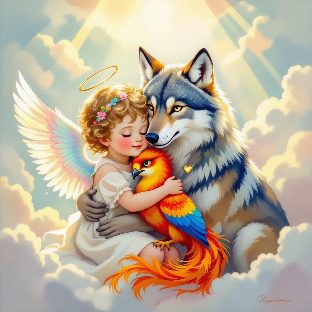 Cherubic Boy, Wolf, and Phoenix in Gouache Style