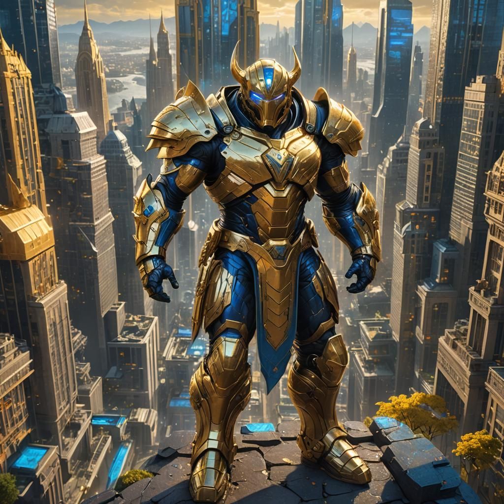 Golden Superhero in Fantastical Cityscape Concept Art