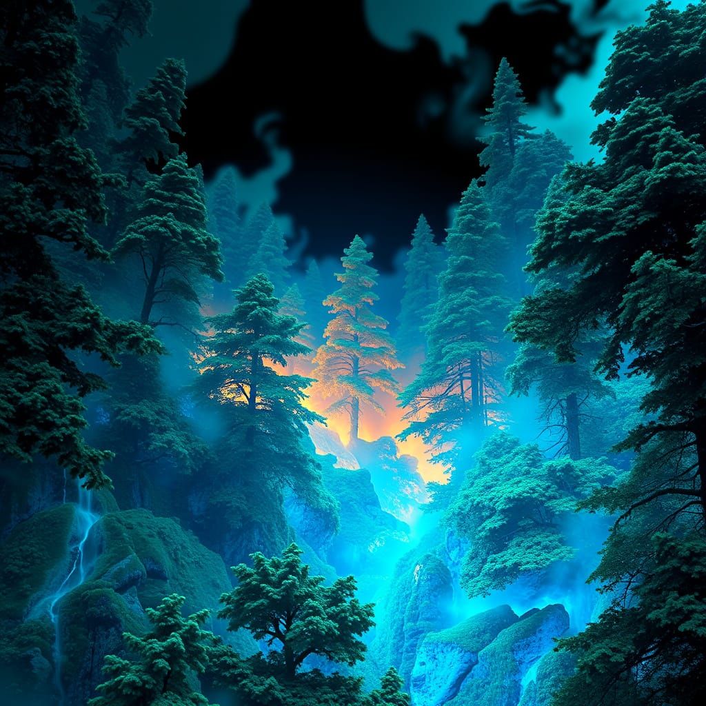 Blue Flame Engulfs Forest: Digital Art Landscape
