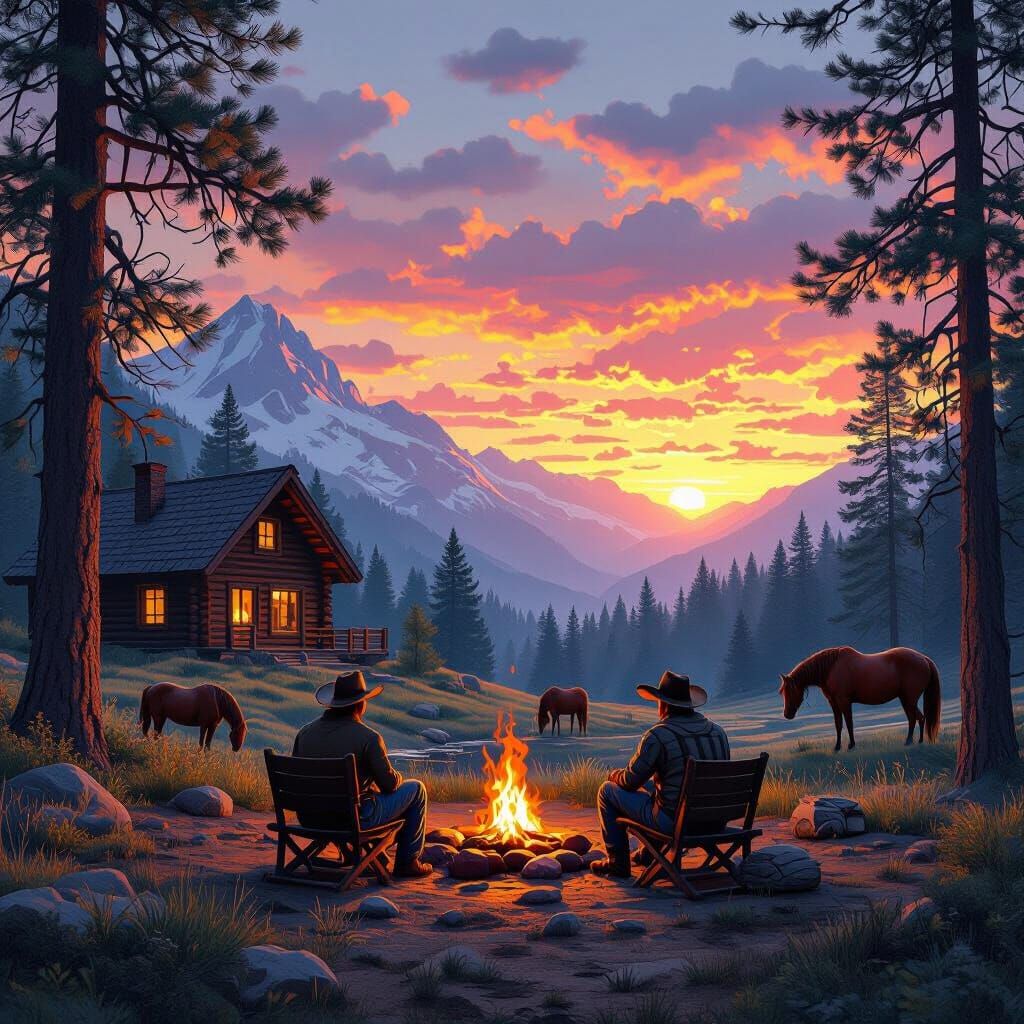 Cowboys at Campfire: A Matte Painting Sunset