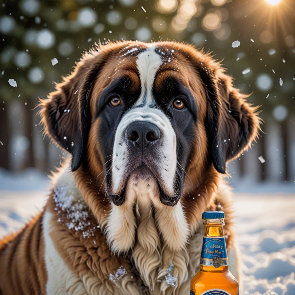 Photorealistic Portrait of St. Bernard Dog in Snow