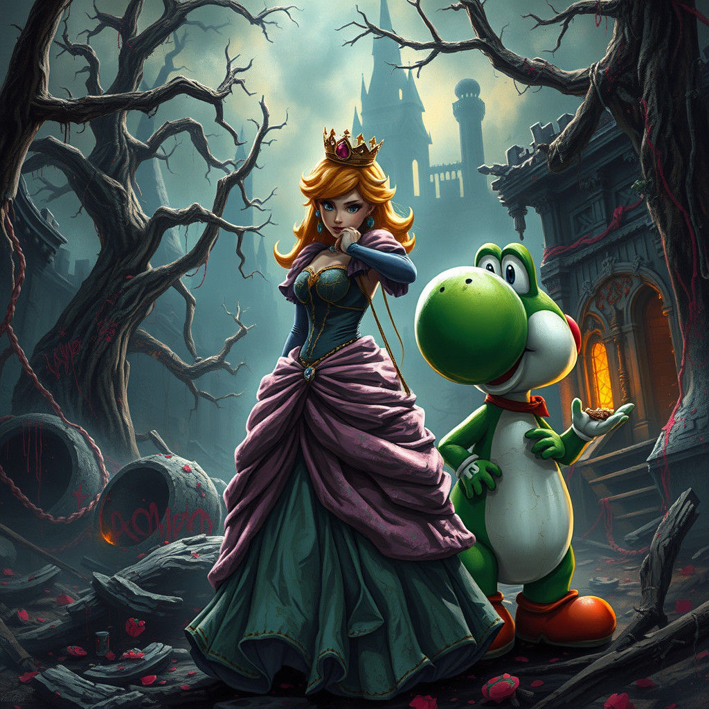 Princess Peach and Yoshi in Dark Fantasy Ruins