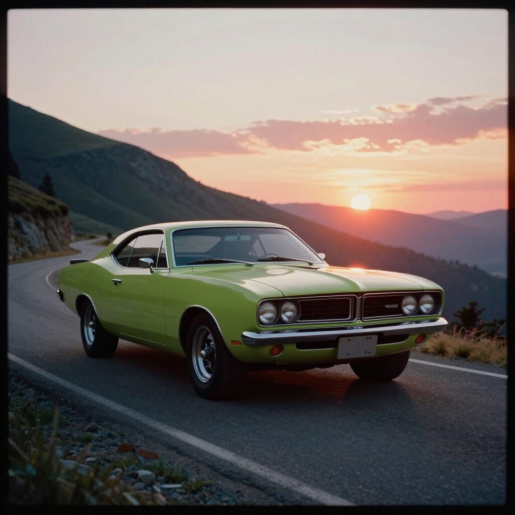Lime Green Dodge Superbee at Dramatic Sunset