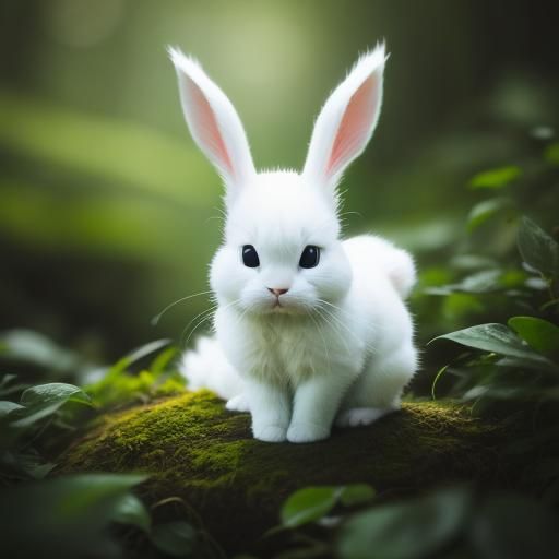 Adorable White Bunny and Black Cat in Forest