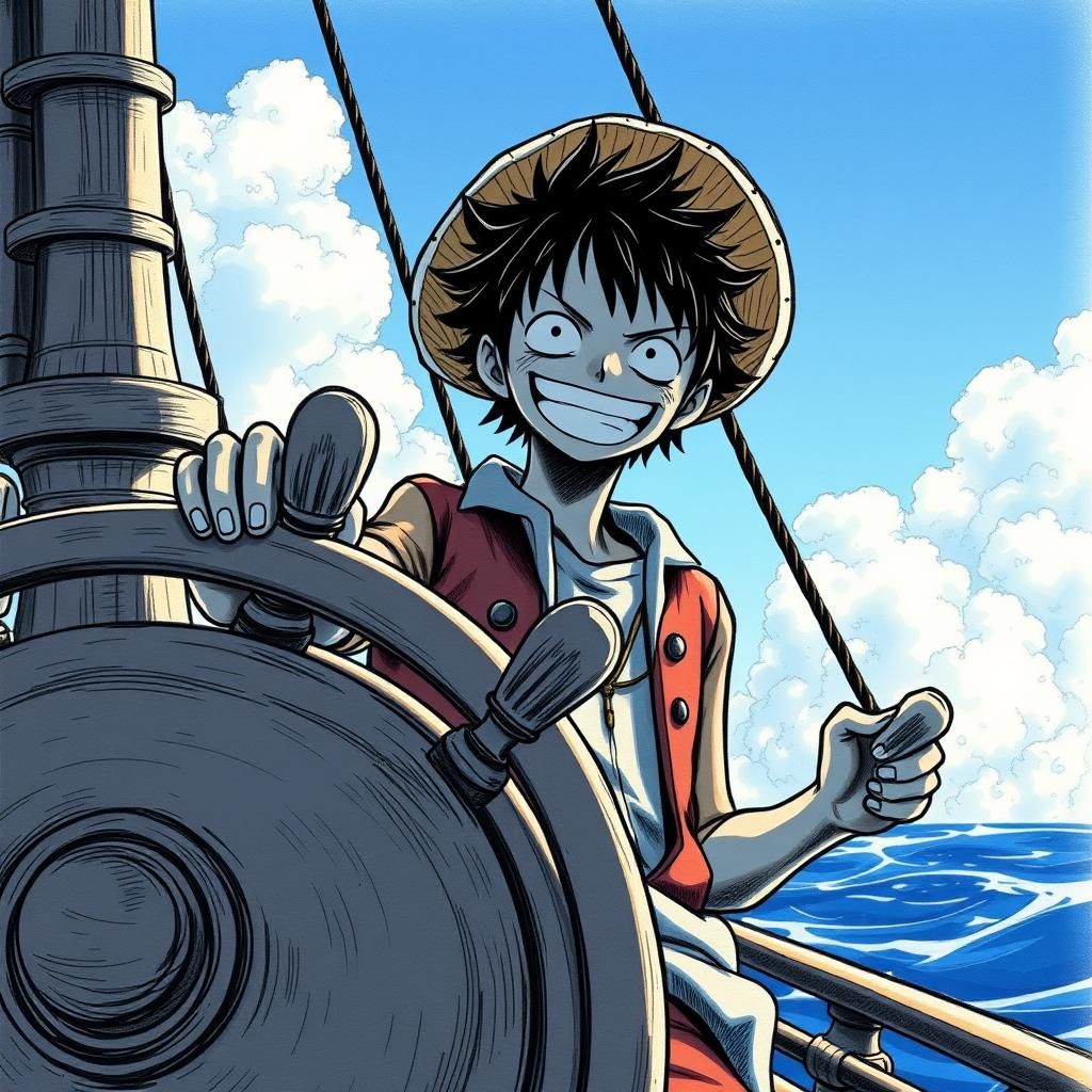 Monkey D. Luffy at the Helm: Gritty Charcoal Drawing
