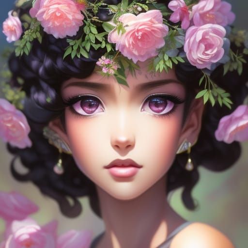 Anime Portrait of Girl with Flower Crown