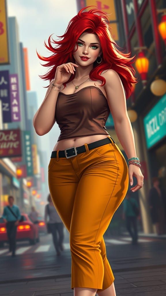 A Plus-Sized Fantasy Warrior in a Bustling City Scene