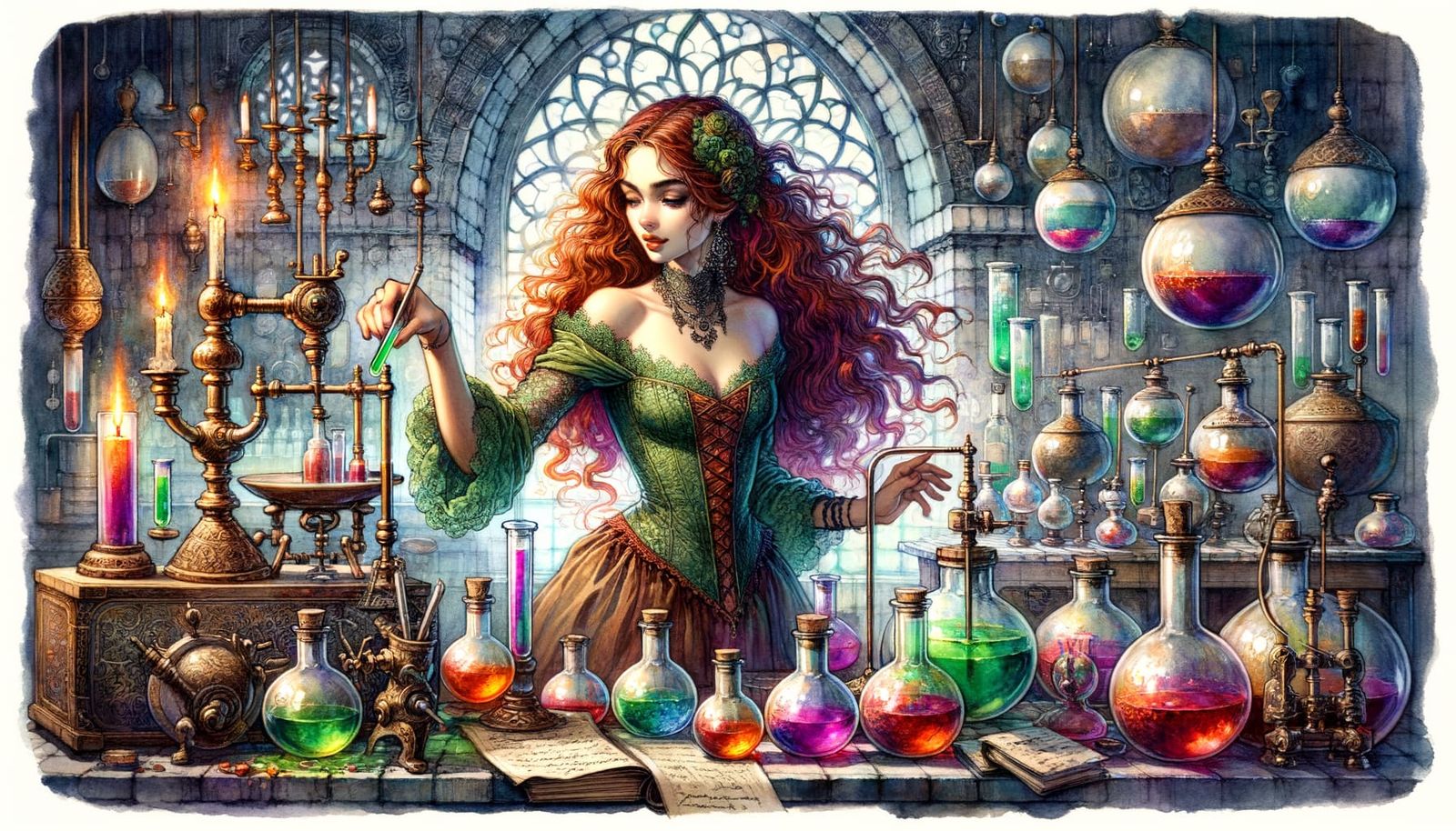 Young Alchemist in Studio, Watercolor Style