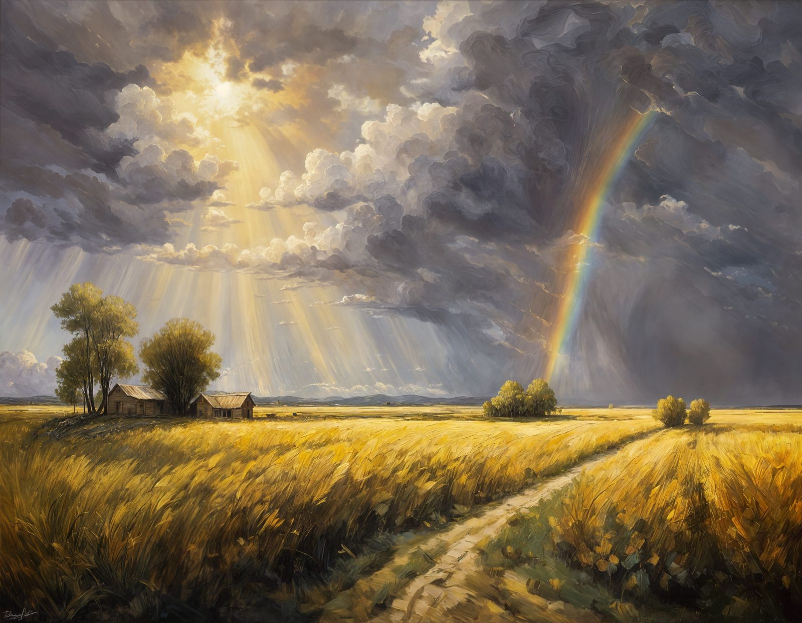 Golden Wheat Fields Under Stormy Sky