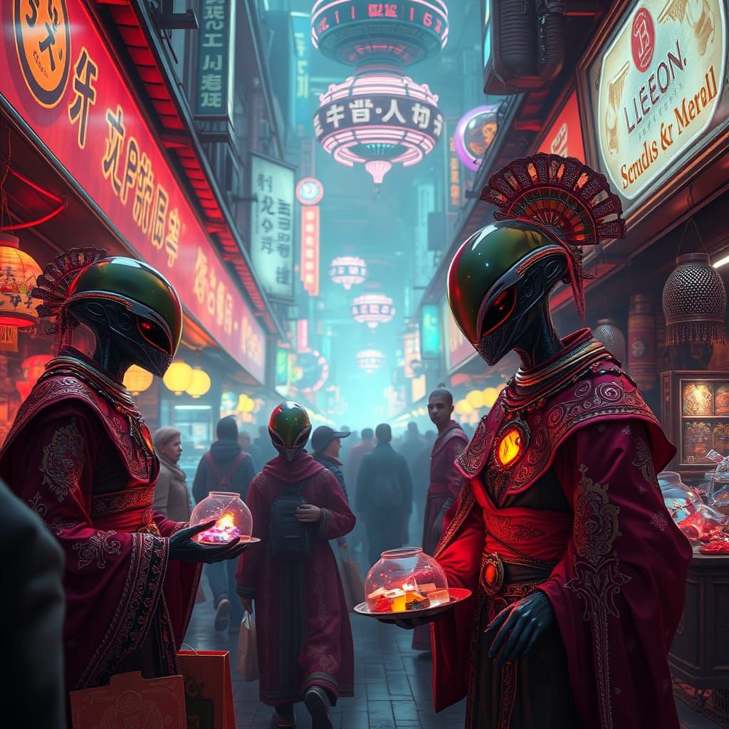 Alien Merchants in Floating Bazaars, Retro-Futuristic Style