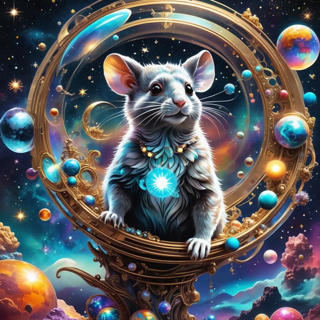 Rat in Top Hat with Bubbles: Pablo Amaringo Style