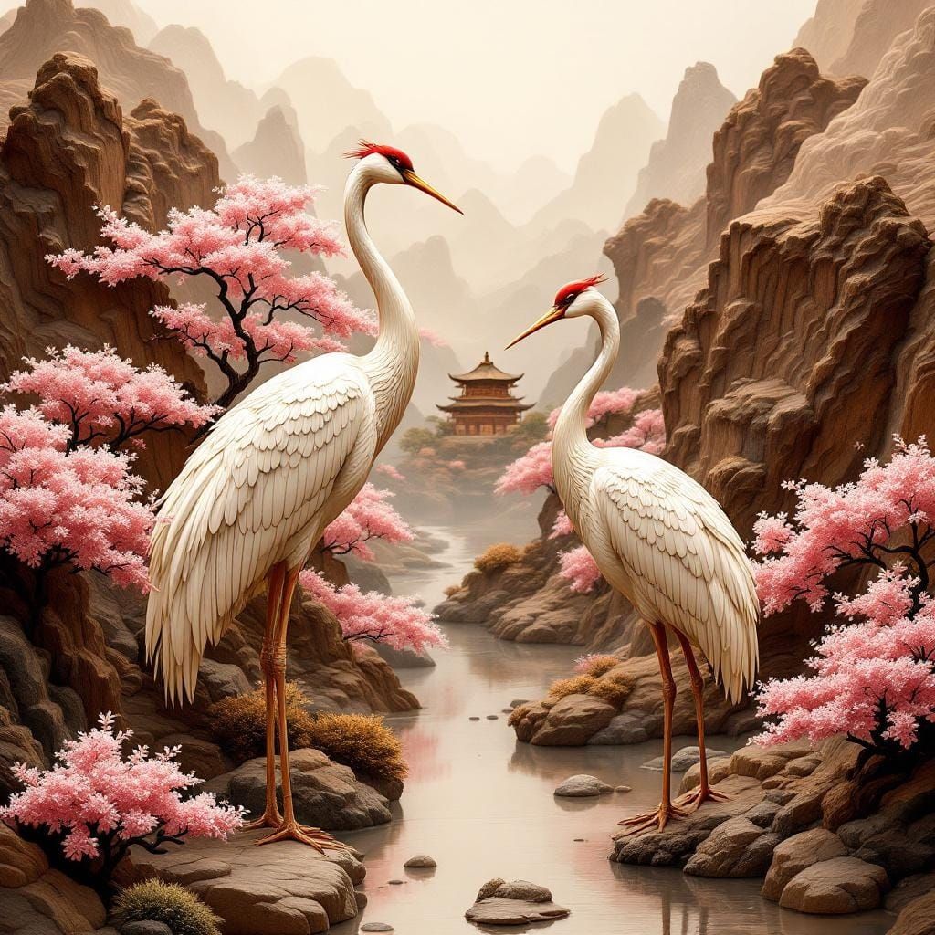 Elegant Cranes in Carved Wooden Landscape