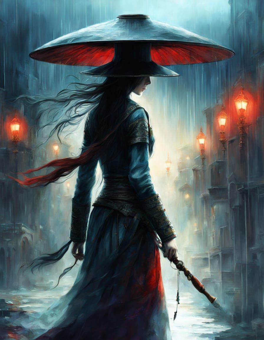 Mysterious Siren in Rain-Soaked Metropolis, Dreamy Painting ...