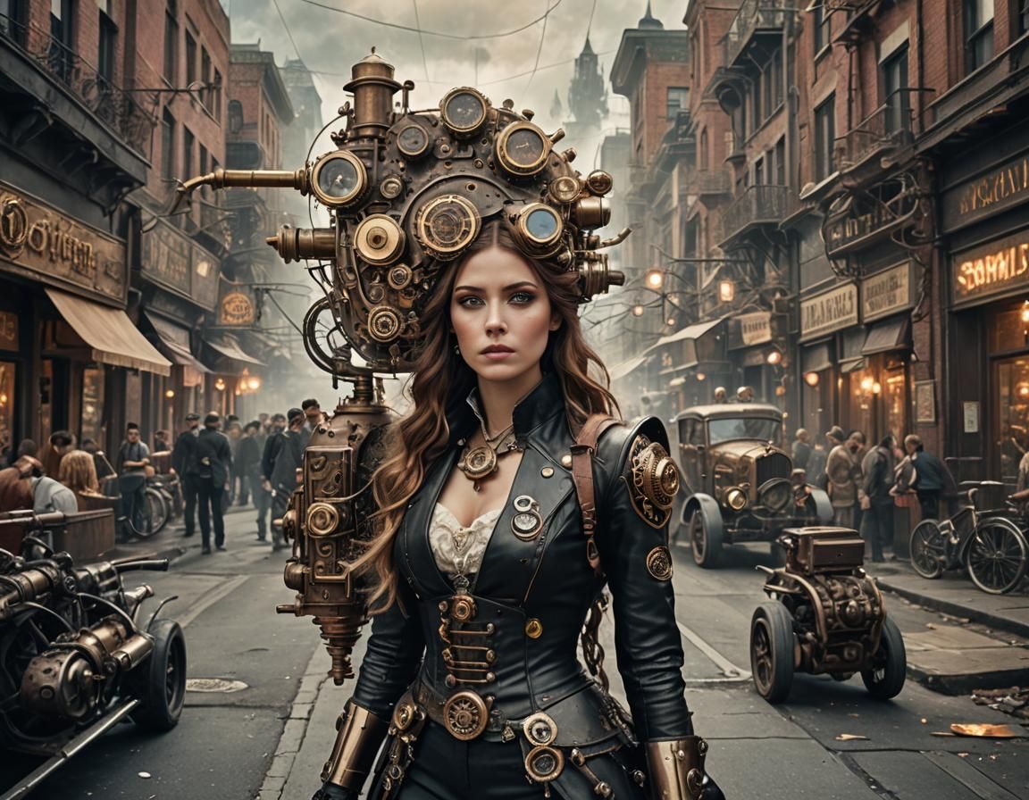 Steampunk Beauty Rides Rocket in Surreal Medieval City