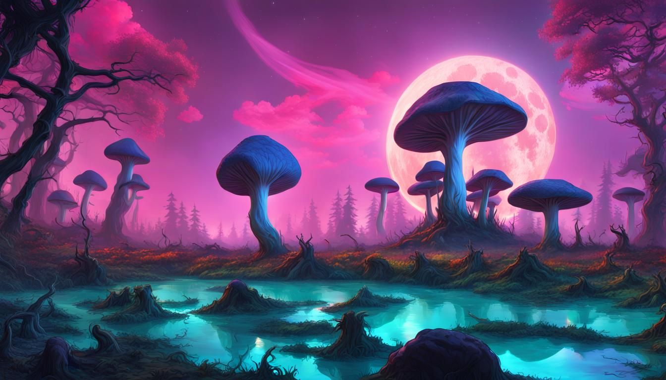 Alien World: Giant Mushrooms in Dark Fantasy Style