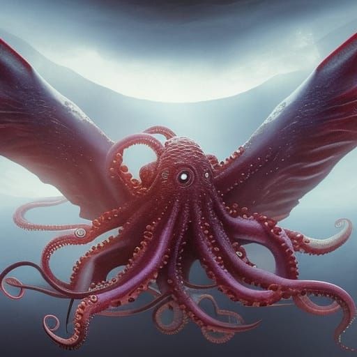 Winged Octopus in Cavern with Ship: Digital Painting