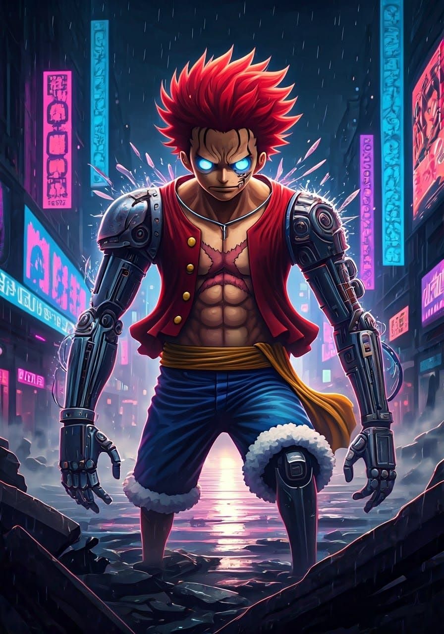 Luffy Cyberpunk Anime Crossover in Neon Cityscape