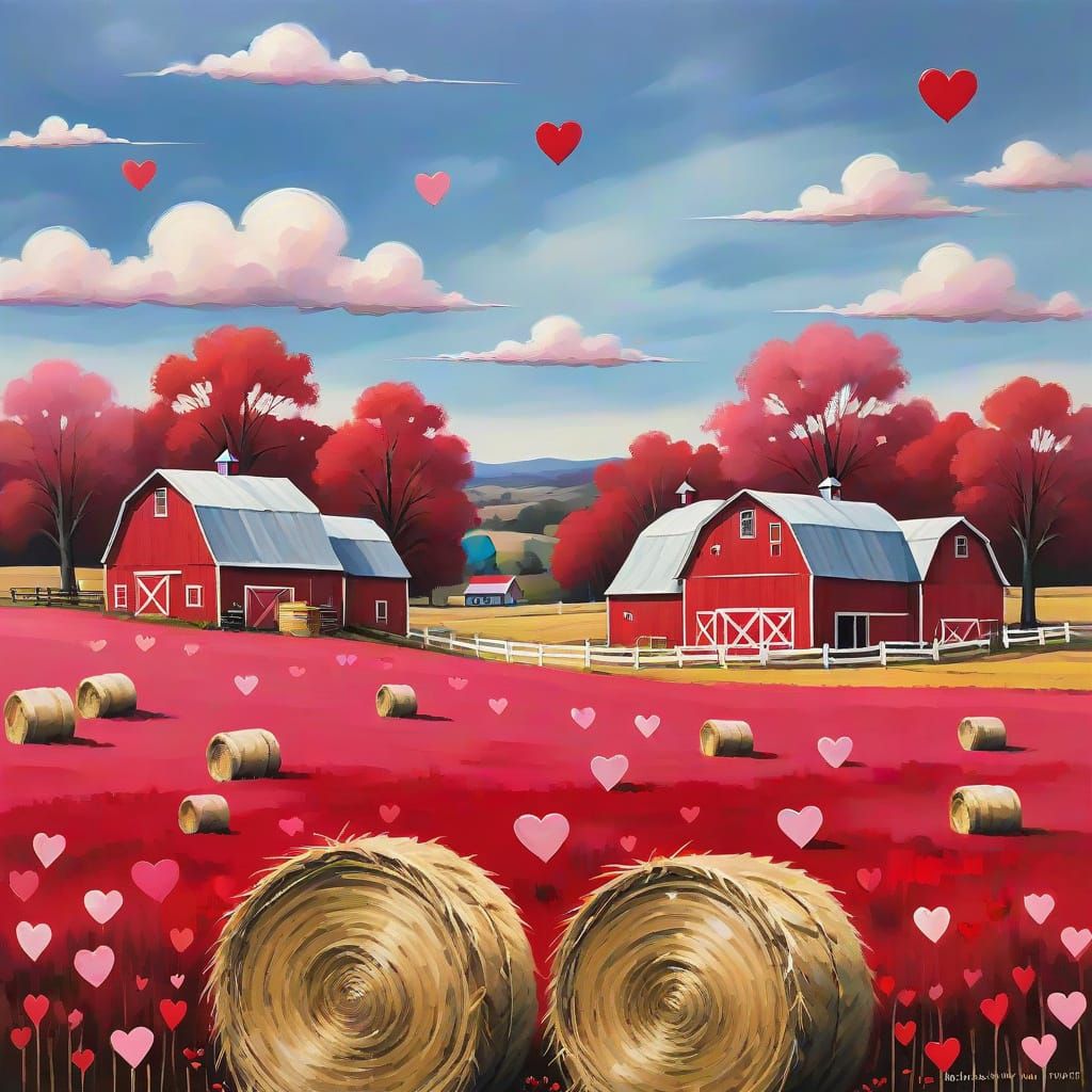 Romantic Farm Landscape with Red Hearts