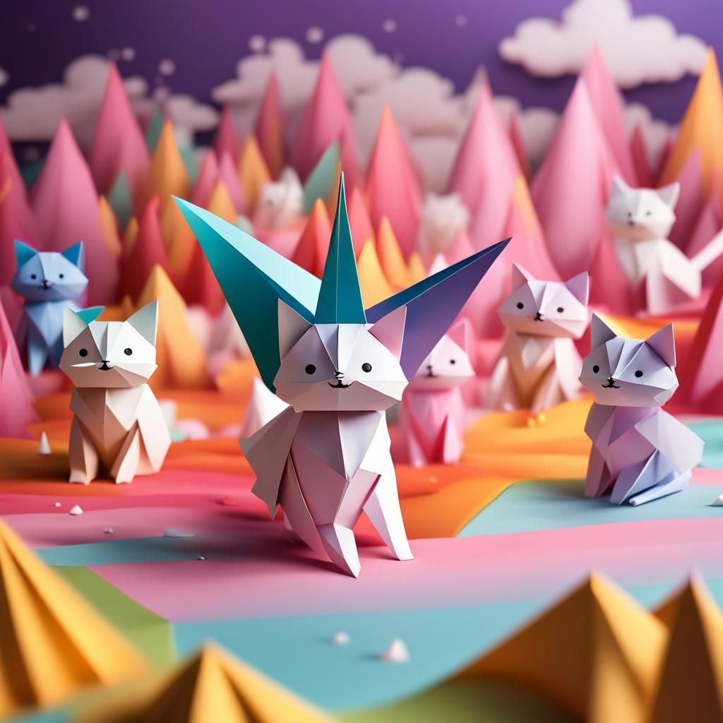 Magical Purradise: Winged Cats in Origami Style