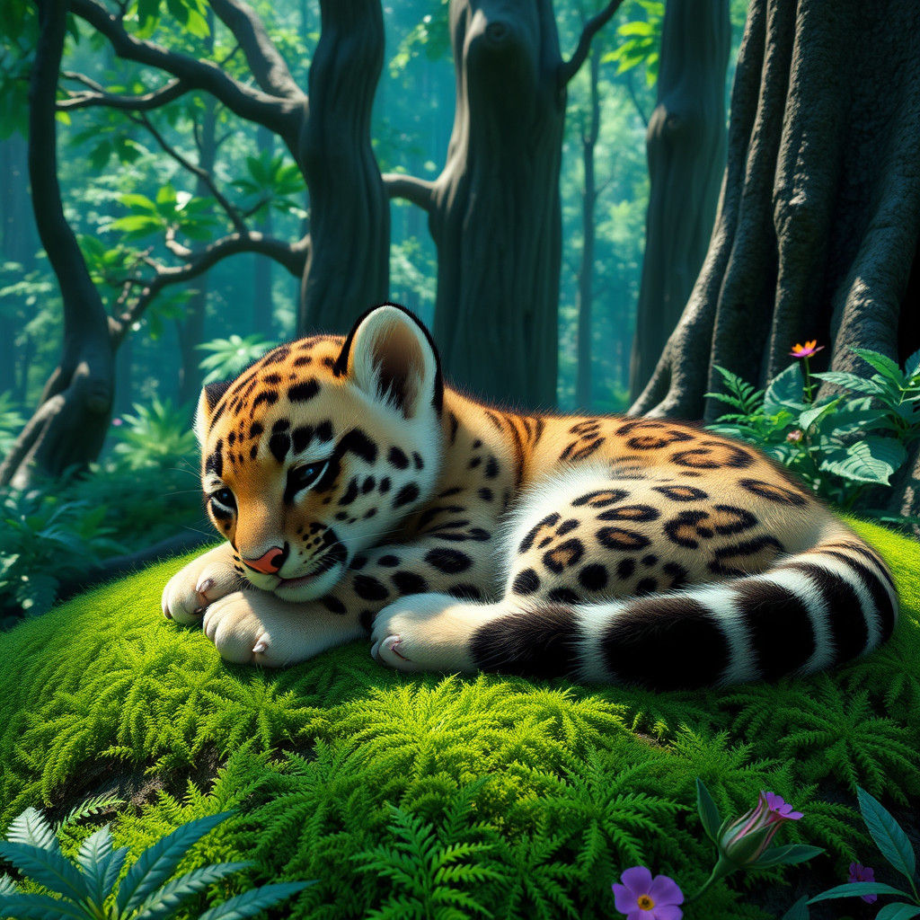 Clouded Leopard Cub in Emerald Forest, Fantasy Art