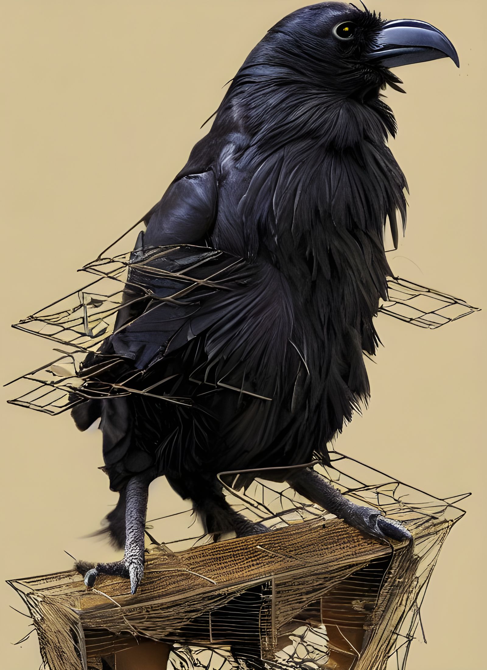 Elegant Raven Perched Atop Cage: Detailed Digital Art
