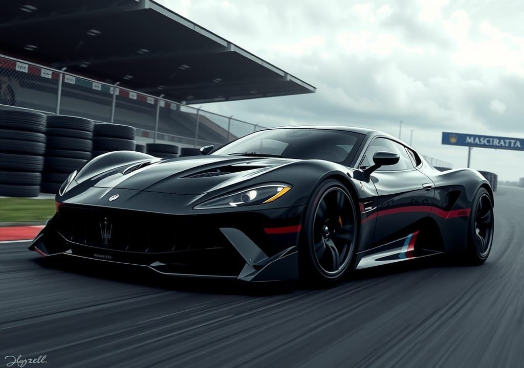 Black Maserati MC20 on Race Track, Hyper-Realistic Painting