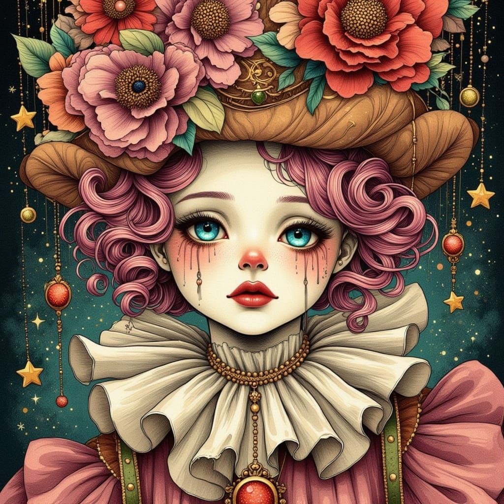 Sad Clown Girl in Neo-Traditional Tattoo Style
