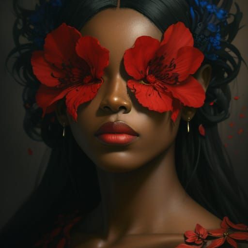 Surreal Portrait: Woman with Floral Eyes, Detailed Matte Pai...