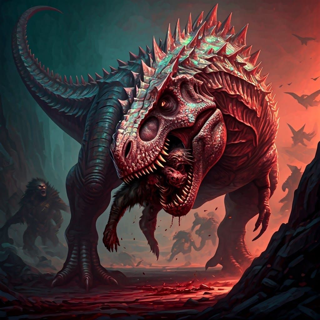Opal Tyrannosaurus Rex Biting Werewolf: Fantasy Art
