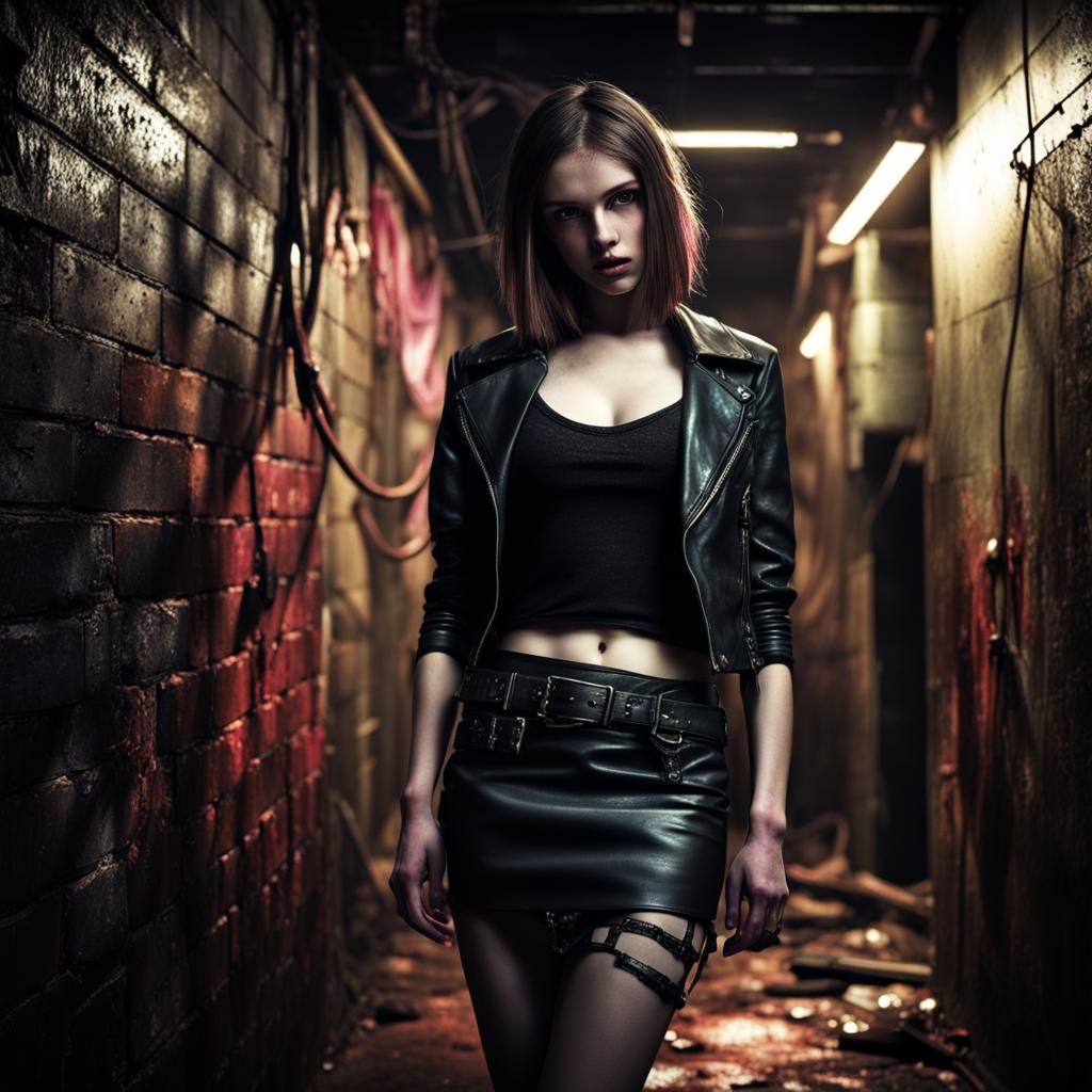 Hyperrealistic Pale Girl in Dark Basement with Neon Lights