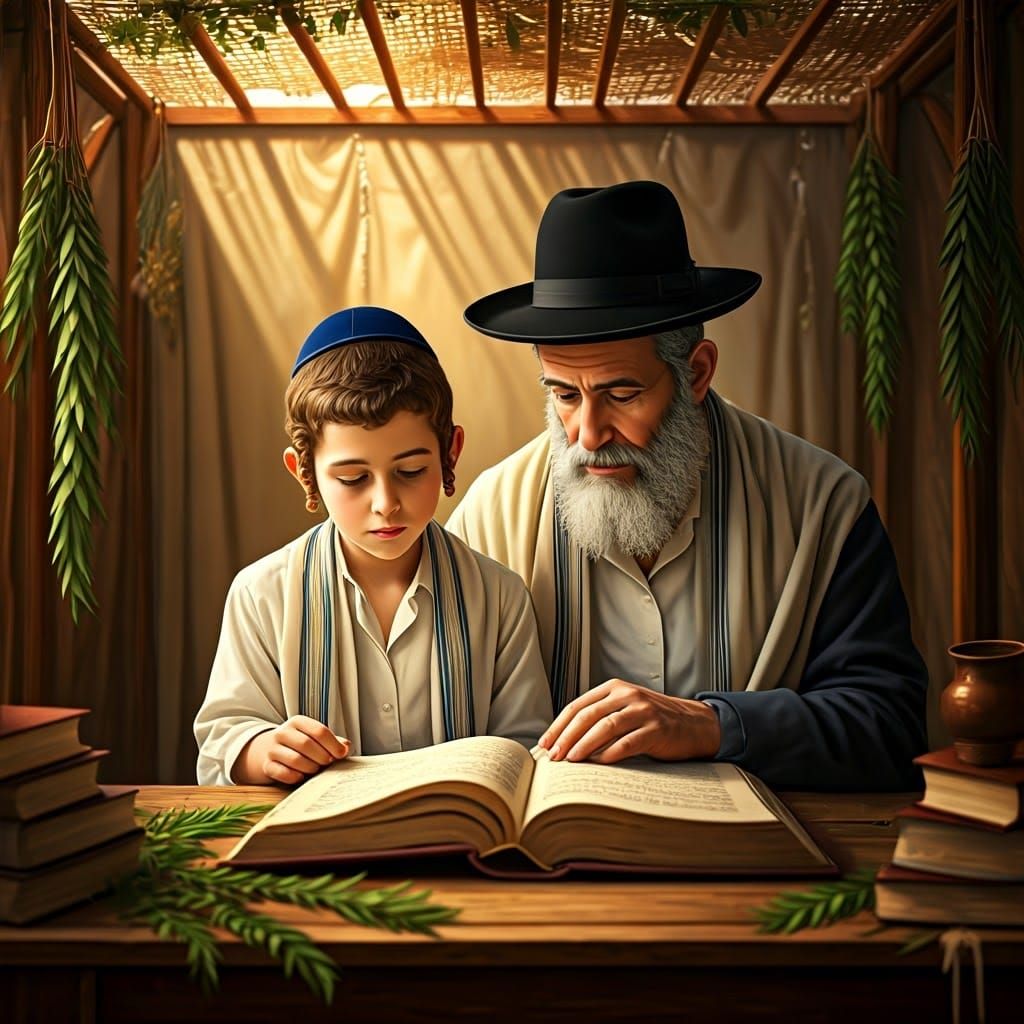 Boy Studies with Father in Sukkah: Emotional Portrait