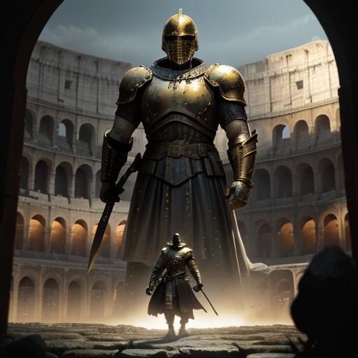 Golden Knight in Colosseum: Cinematic Film Still