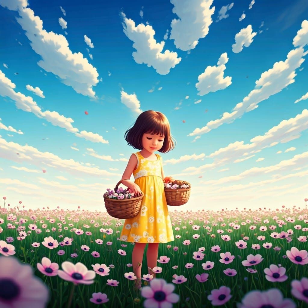 Pixar-Inspired Girl Picking Anemones in a Vibrant Summer Fie...