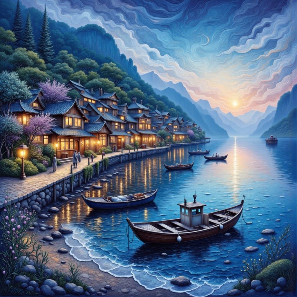 Japanese Village at Night in Watercolor Neon Style