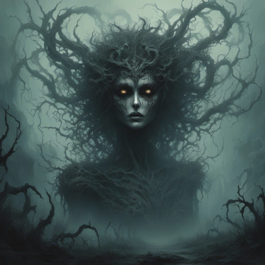 Ethereal Shadow Figure in Misty Landscape